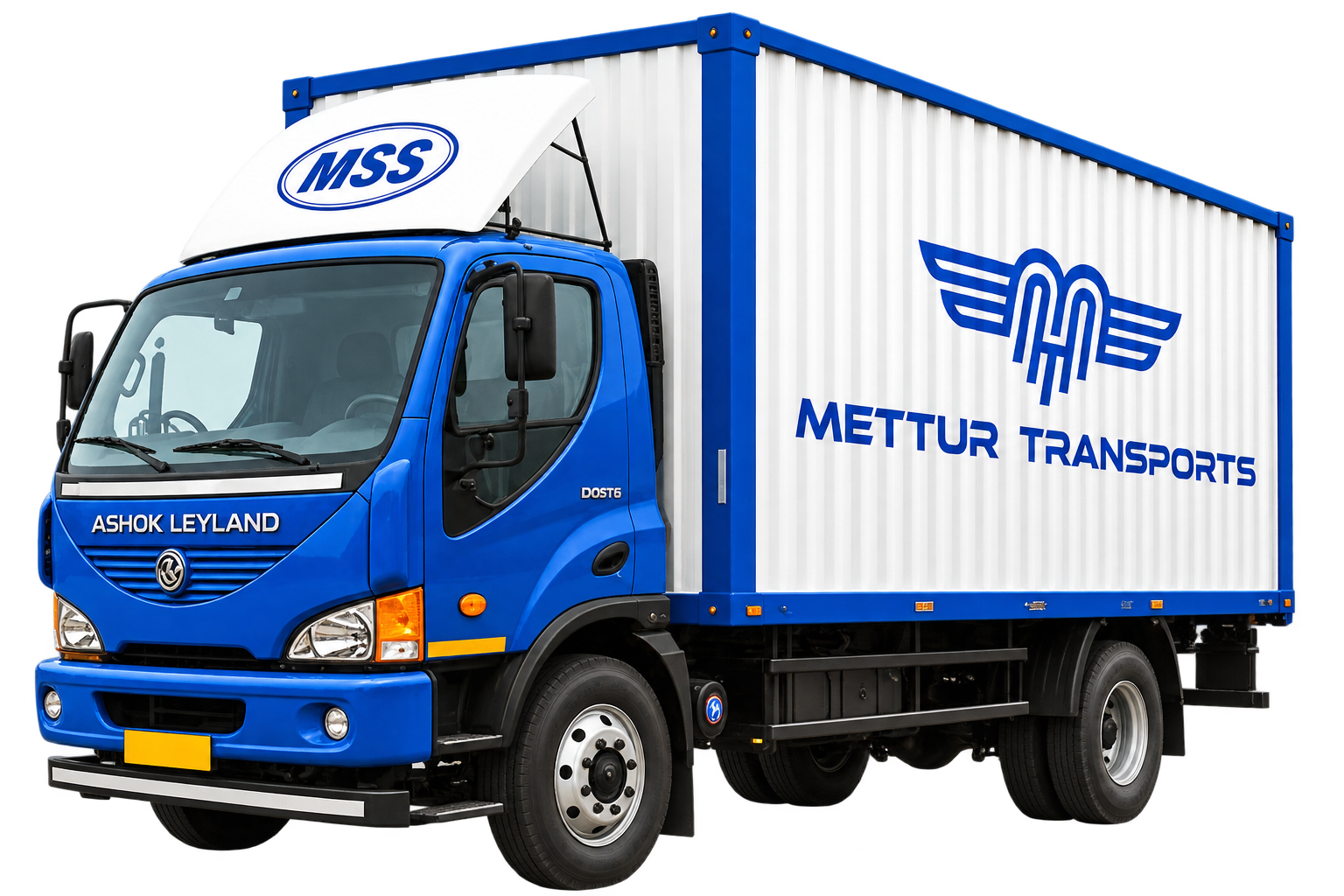 Blue and white Mettur Transports parcel delivery van